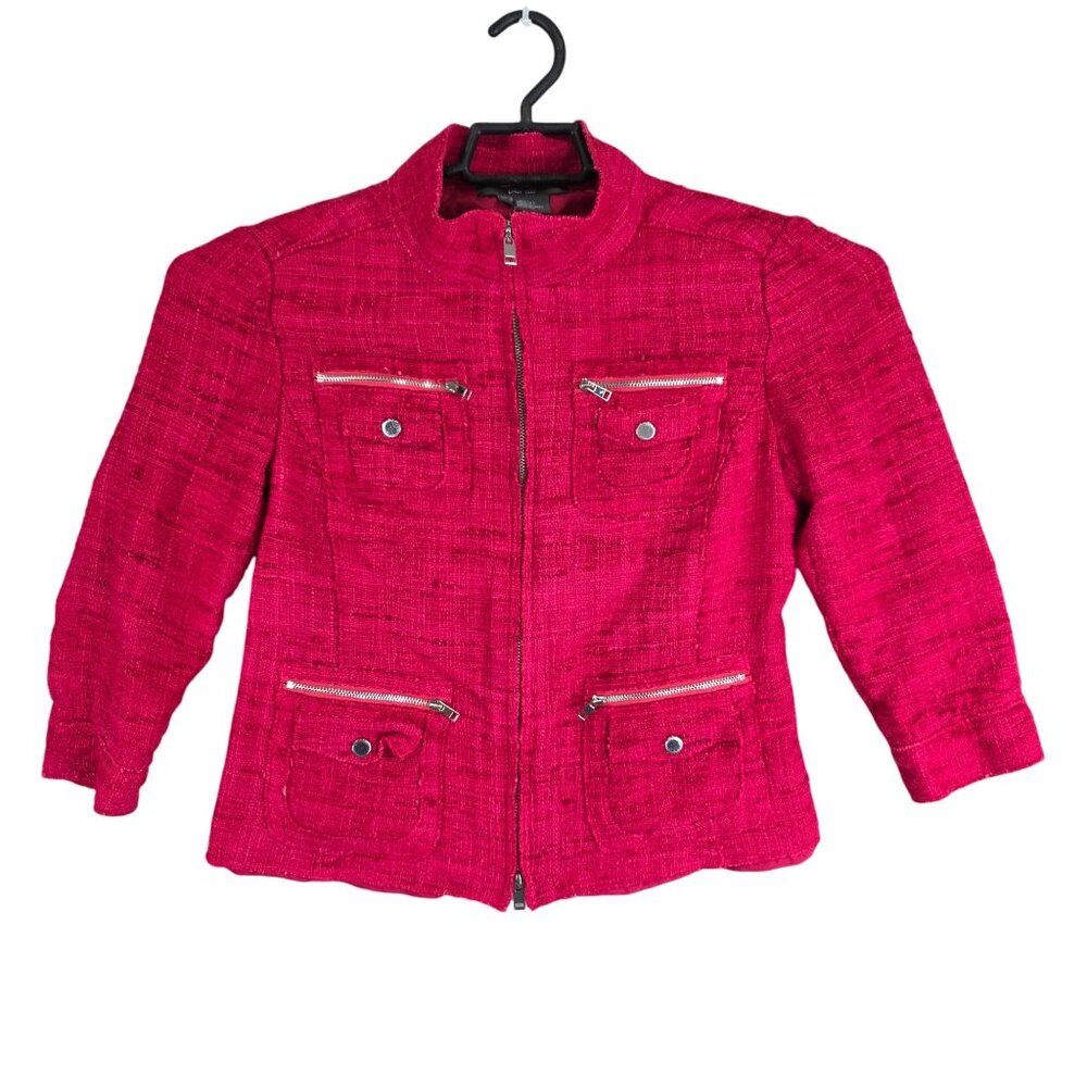 Womens Per Se Fuchsia Pink 100% Silk Textured Jacket Full Zip Pockets Size 8